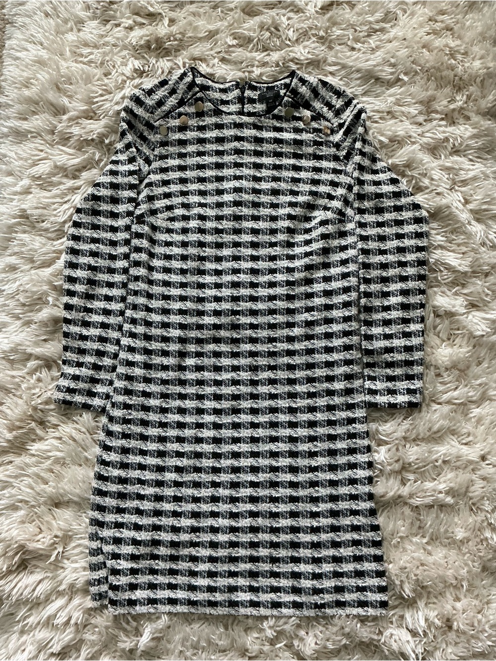 Ann Taylor Black and White Check Tweed Long Sleeve Dress with Buttons